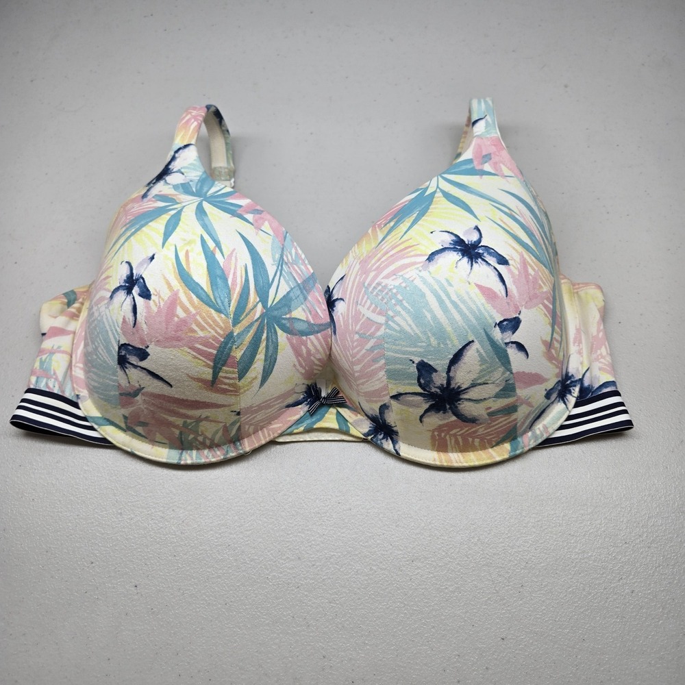Cacique Women Bra 42F Blue Pastel Stripes Floral Boost Tropical READ